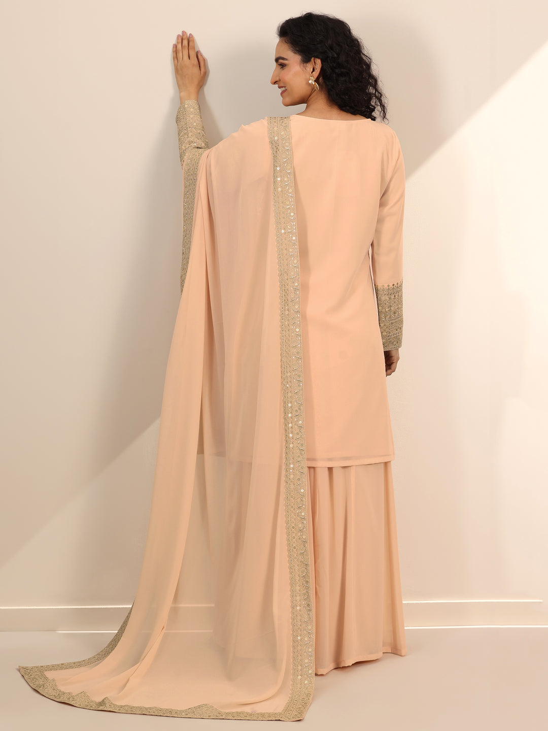  Libas Art Beige Embroidered Georgette Straight Sharara Suit Set With Dupatta 