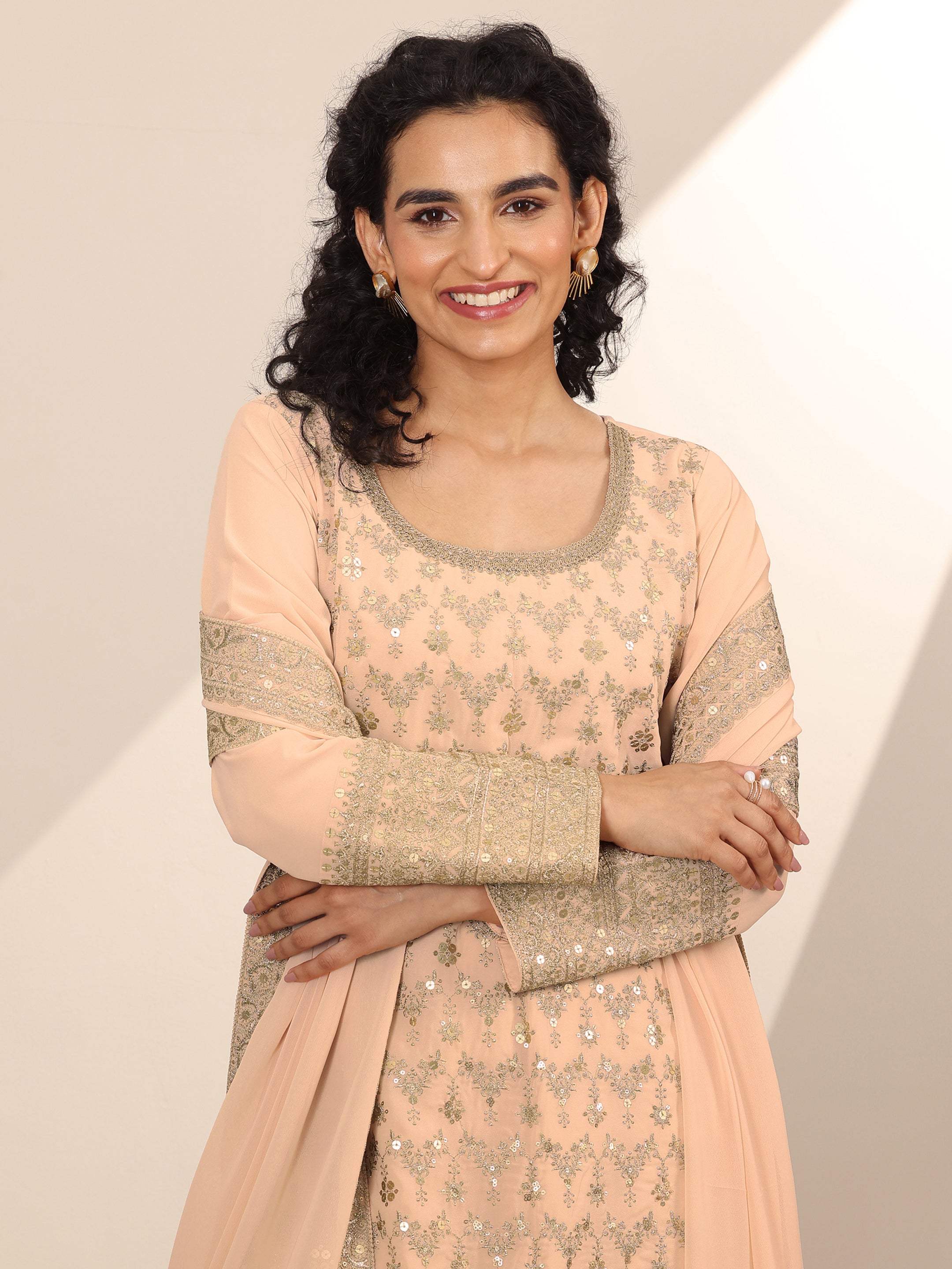 Beige Embroidered Georgette Straight Sharara Suit Set With Dupatta-image-44