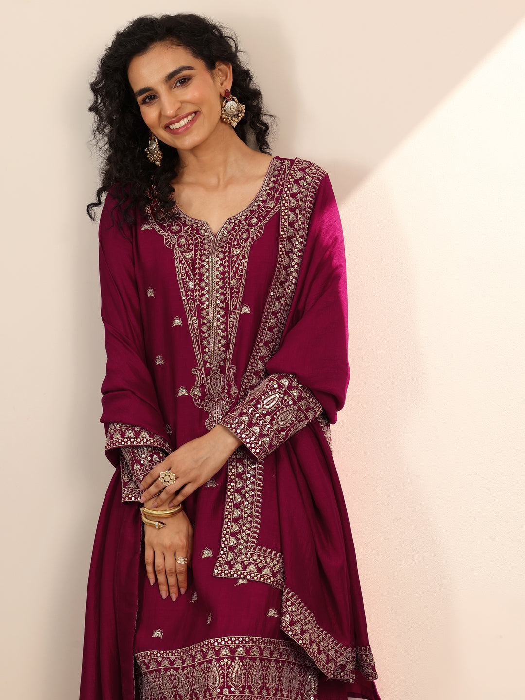 Libas Art Pink Embroidered Silk Blend Straight Suit Set With Dupatta