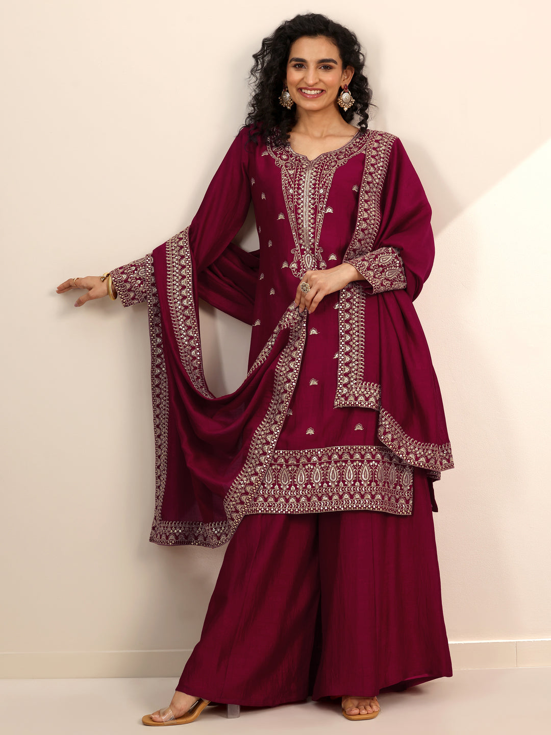  Libas Art Pink Embroidered Silk Blend Straight Suit Set With Dupatta 