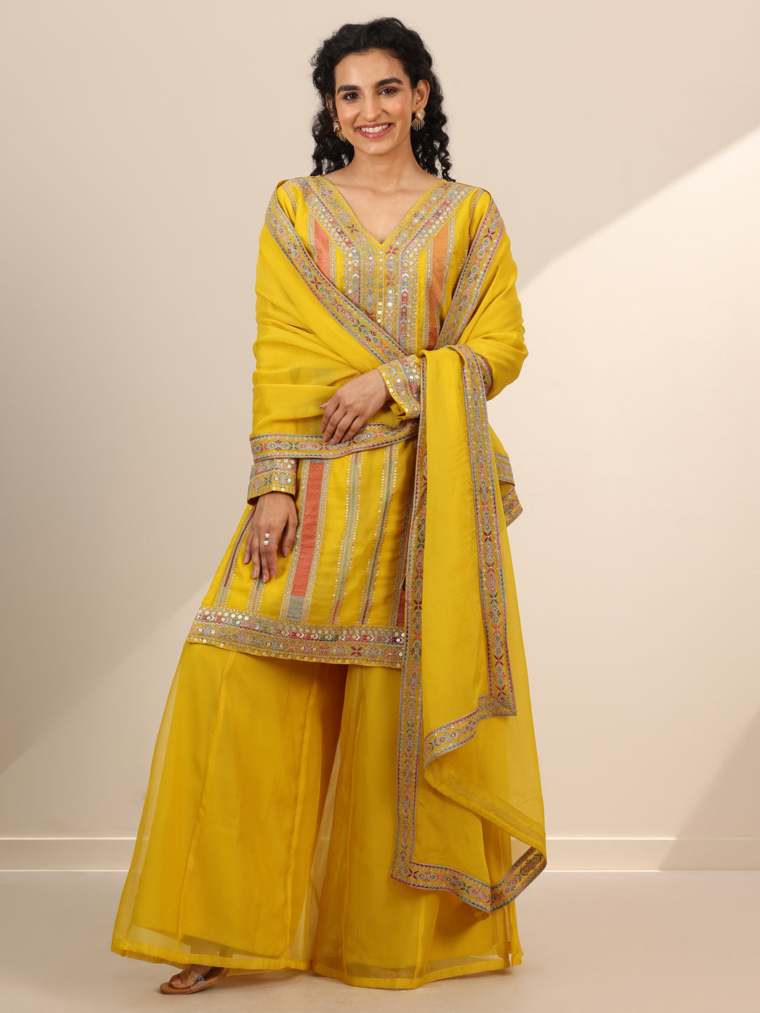  Libas Art Yellow Embellished Organza Straight Suit Set With Dupatta 