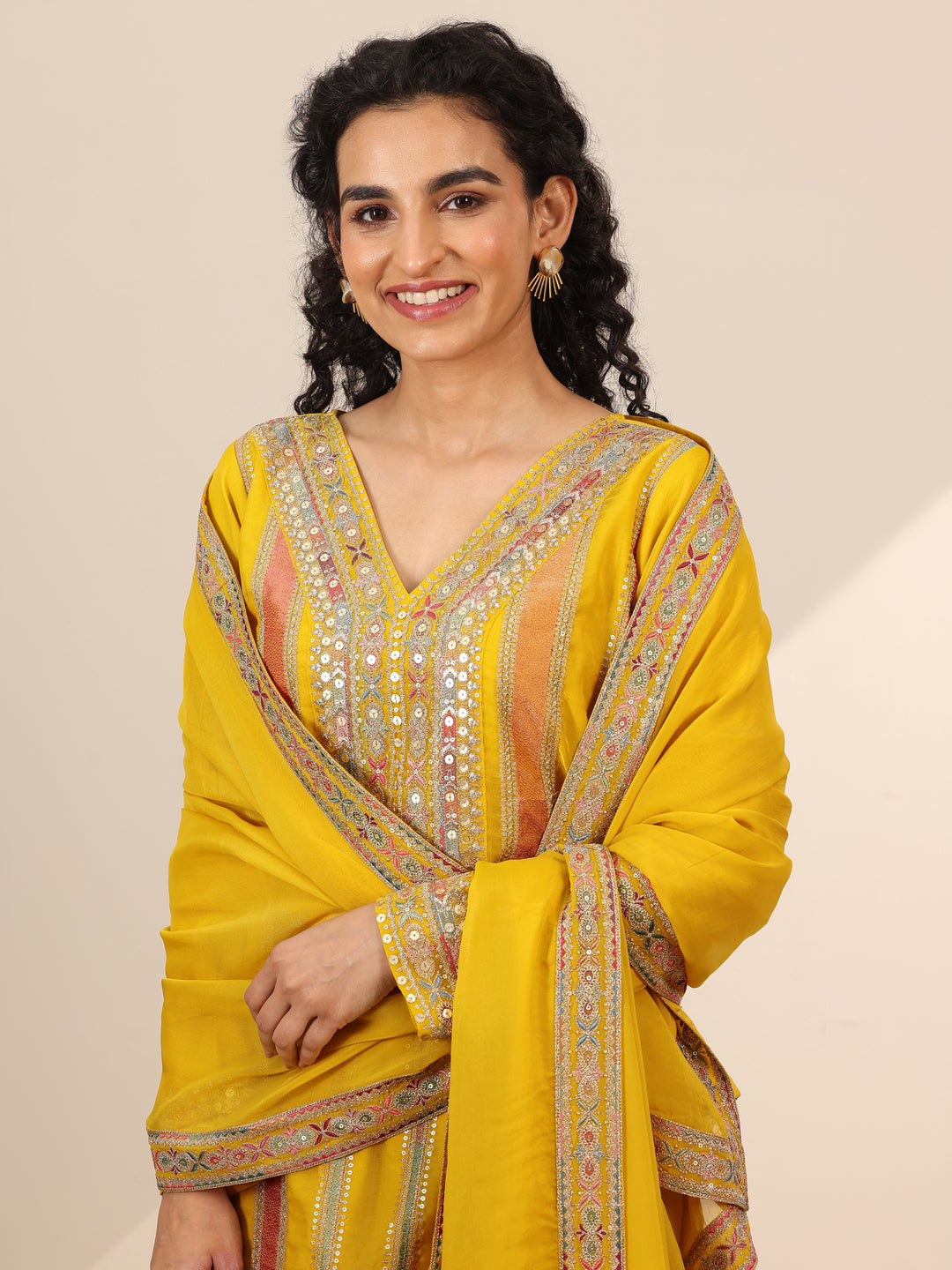  Libas Art Yellow Embellished Organza Straight Suit Set With Dupatta 