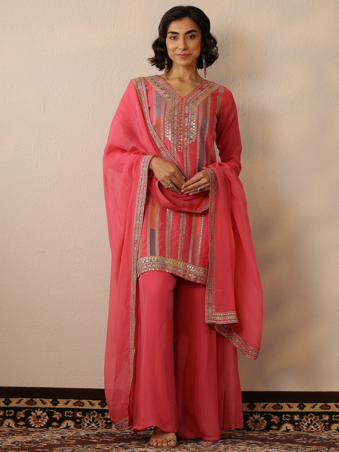  Libas Art Pink Embroidered Organza Straight Suit Set With Dupatta 