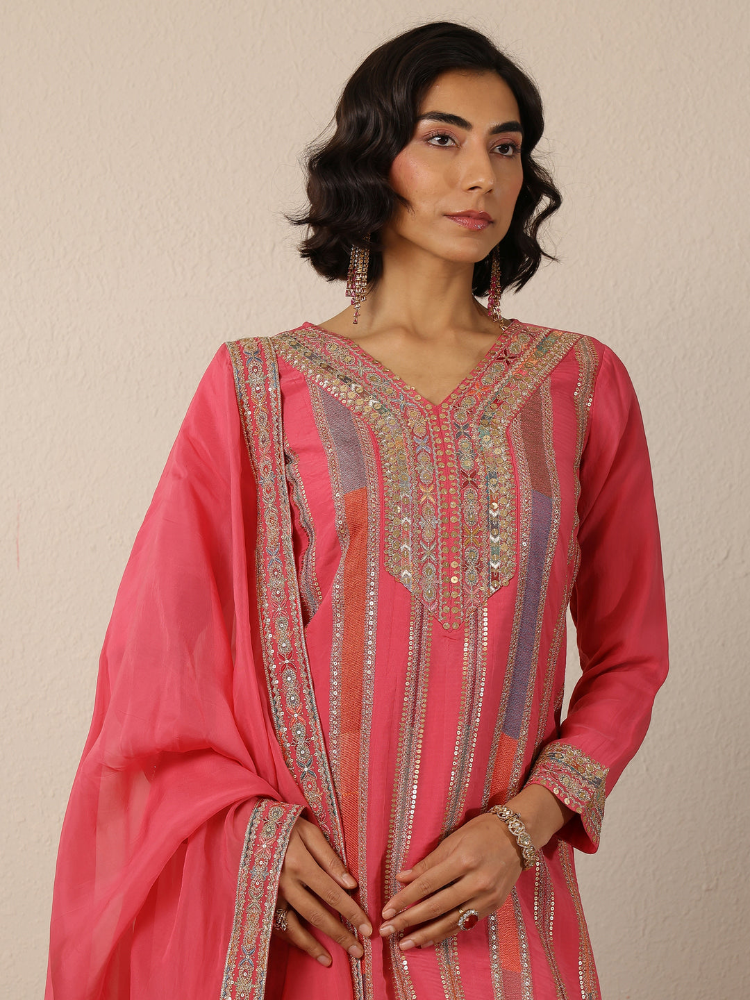  Libas Art Pink Embroidered Organza Straight Suit Set With Dupatta 