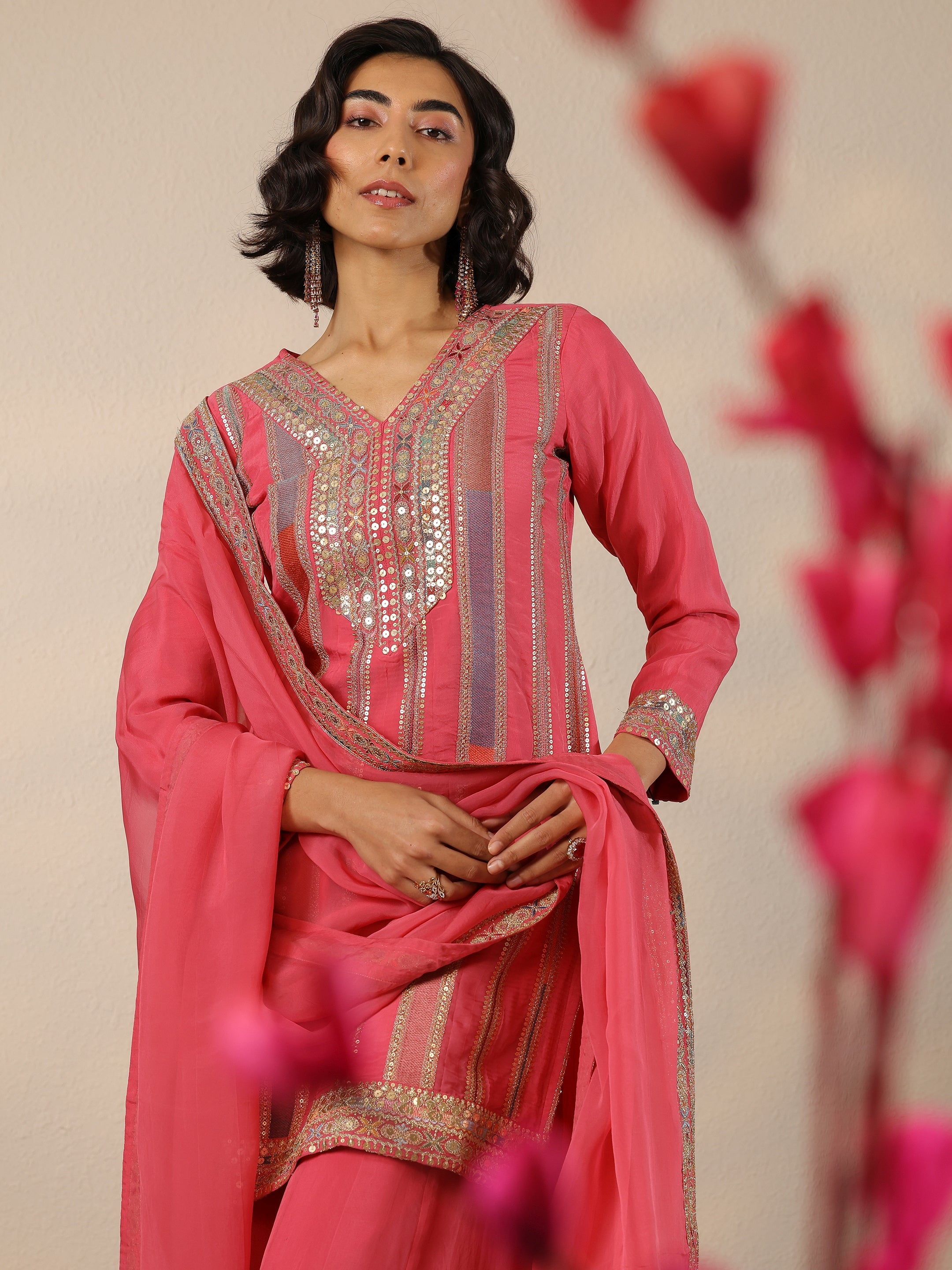 Pink Embroidered Organza Straight Suit Set With Dupatta-image-49