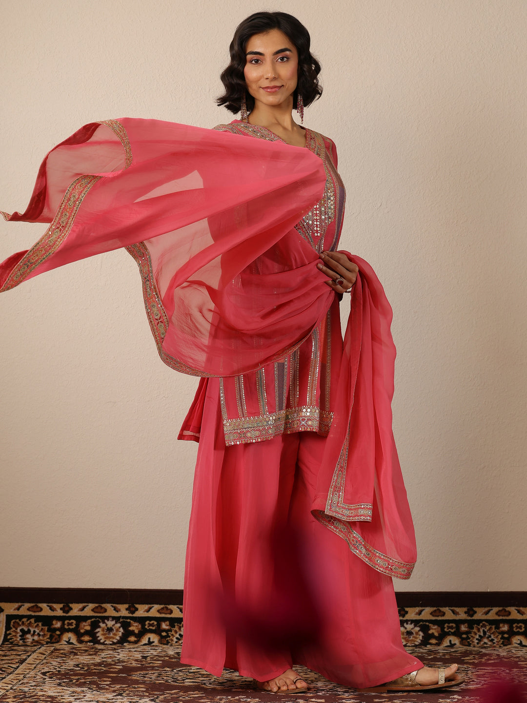  Libas Art Pink Embroidered Organza Straight Suit Set With Dupatta 