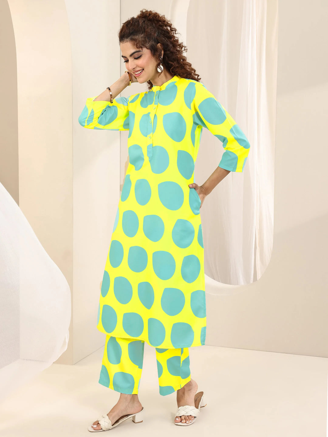  Yellow Printed Rayon Straight Kurta Set 