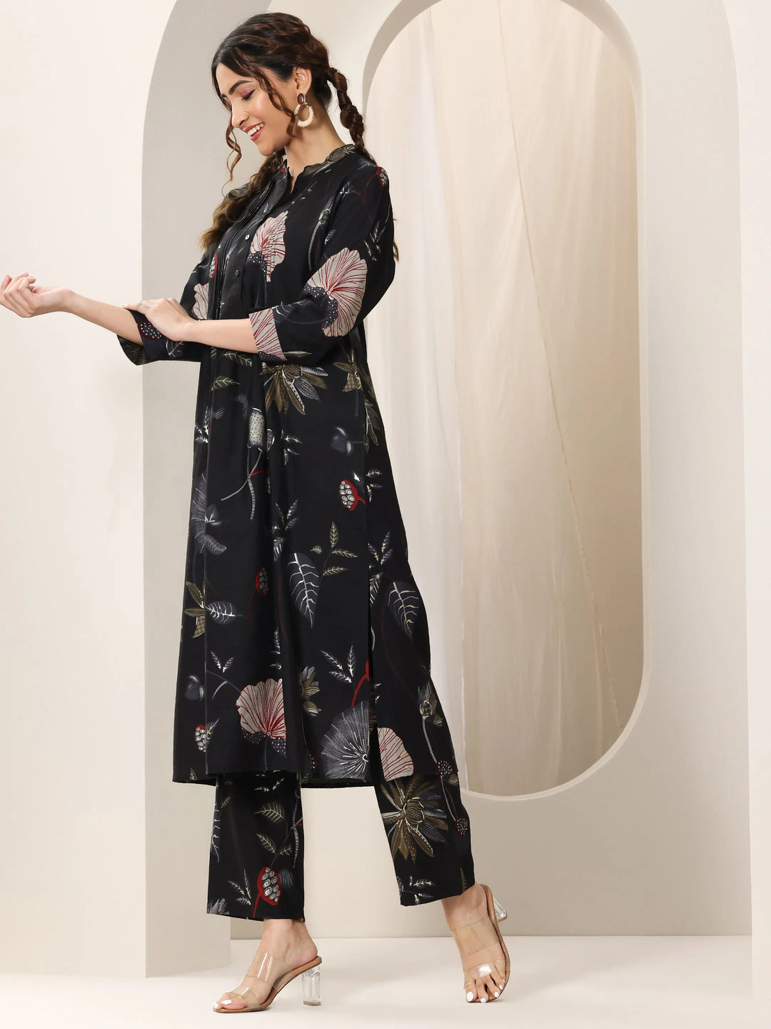  Black Printed Silk Blend Straight Kurta Set 