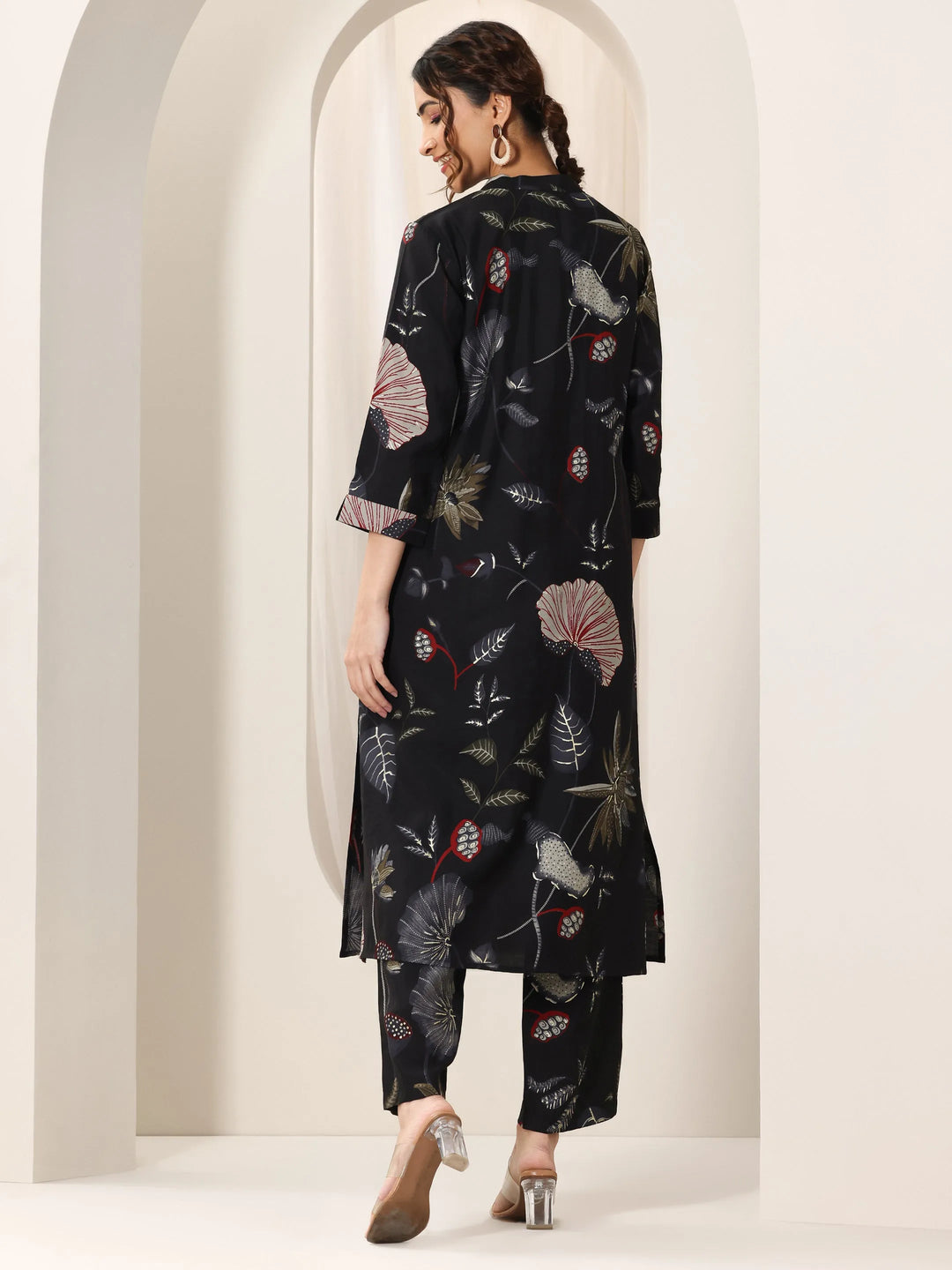  Black Printed Silk Blend Straight Kurta Set 