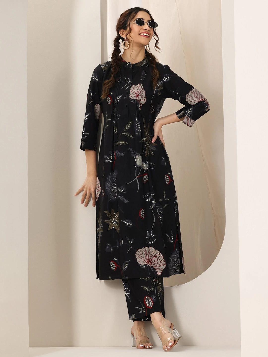  Black Printed Silk Blend Straight Kurta Set 