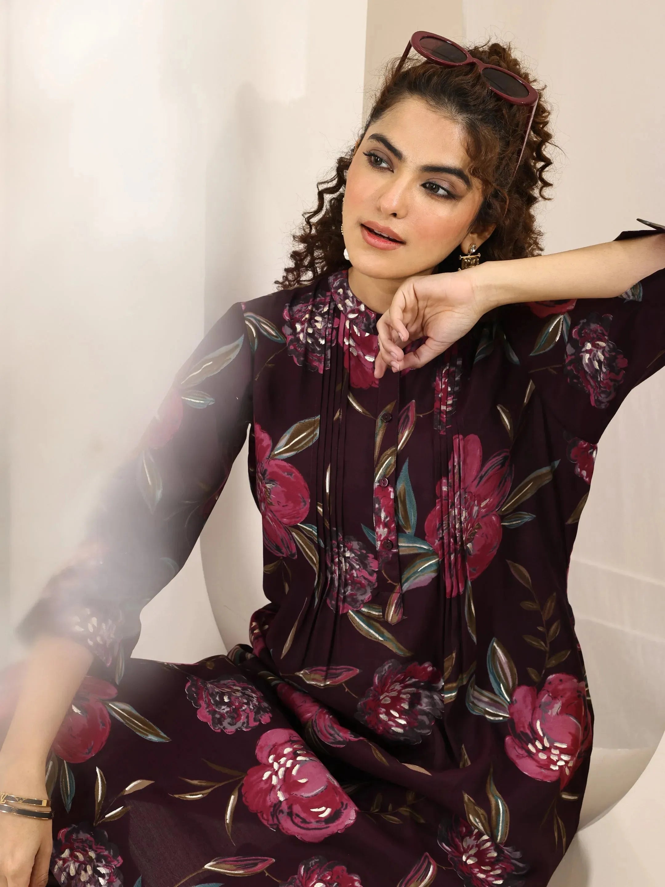 libas Burgundy Printed Silk Blend Straight Kurta Set-picture-60