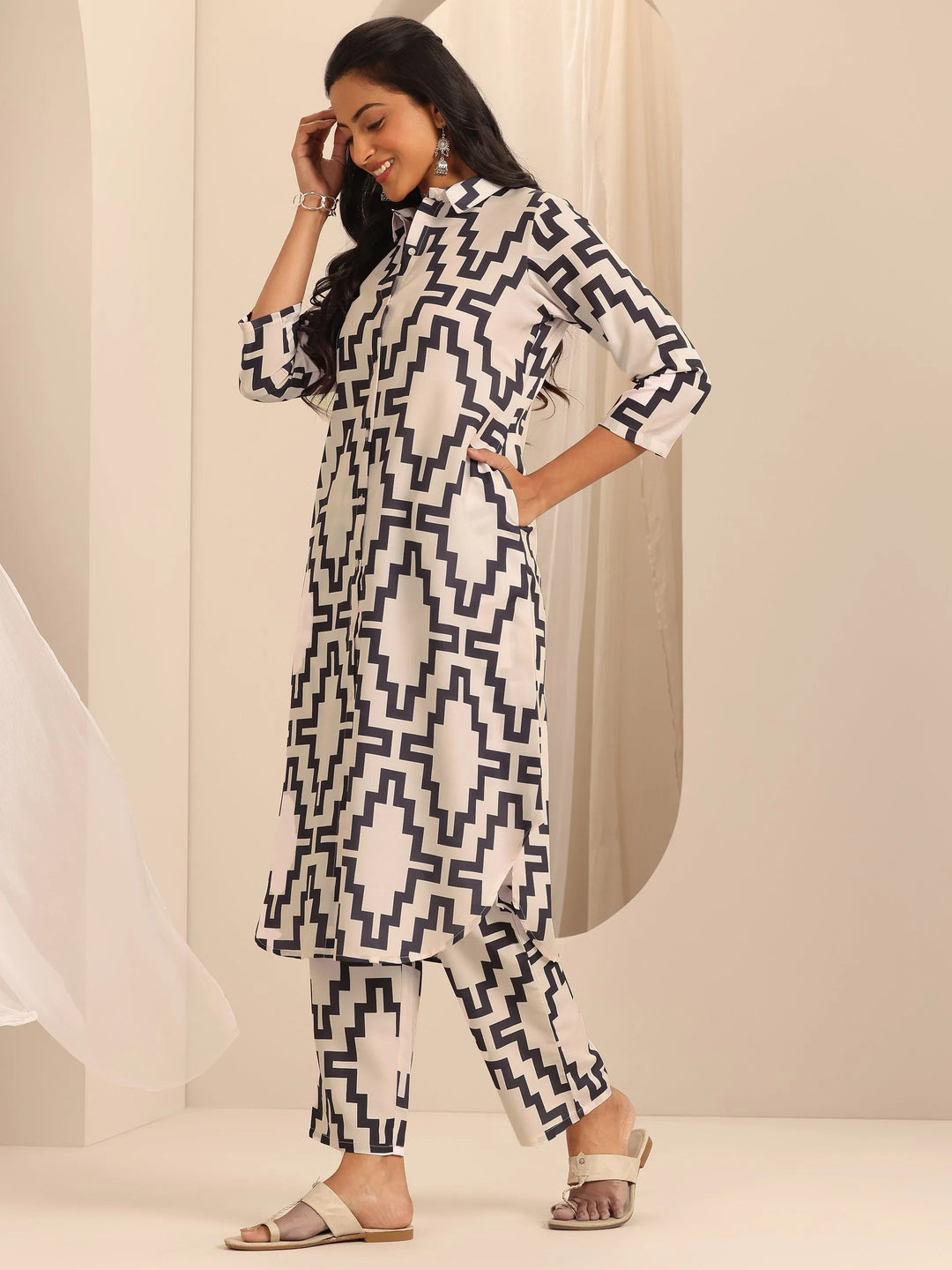  White Printed Viscose Rayon Co-Ord Set 
