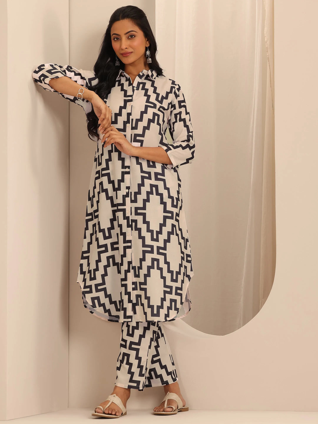  White Printed Viscose Rayon Co-Ord Set 