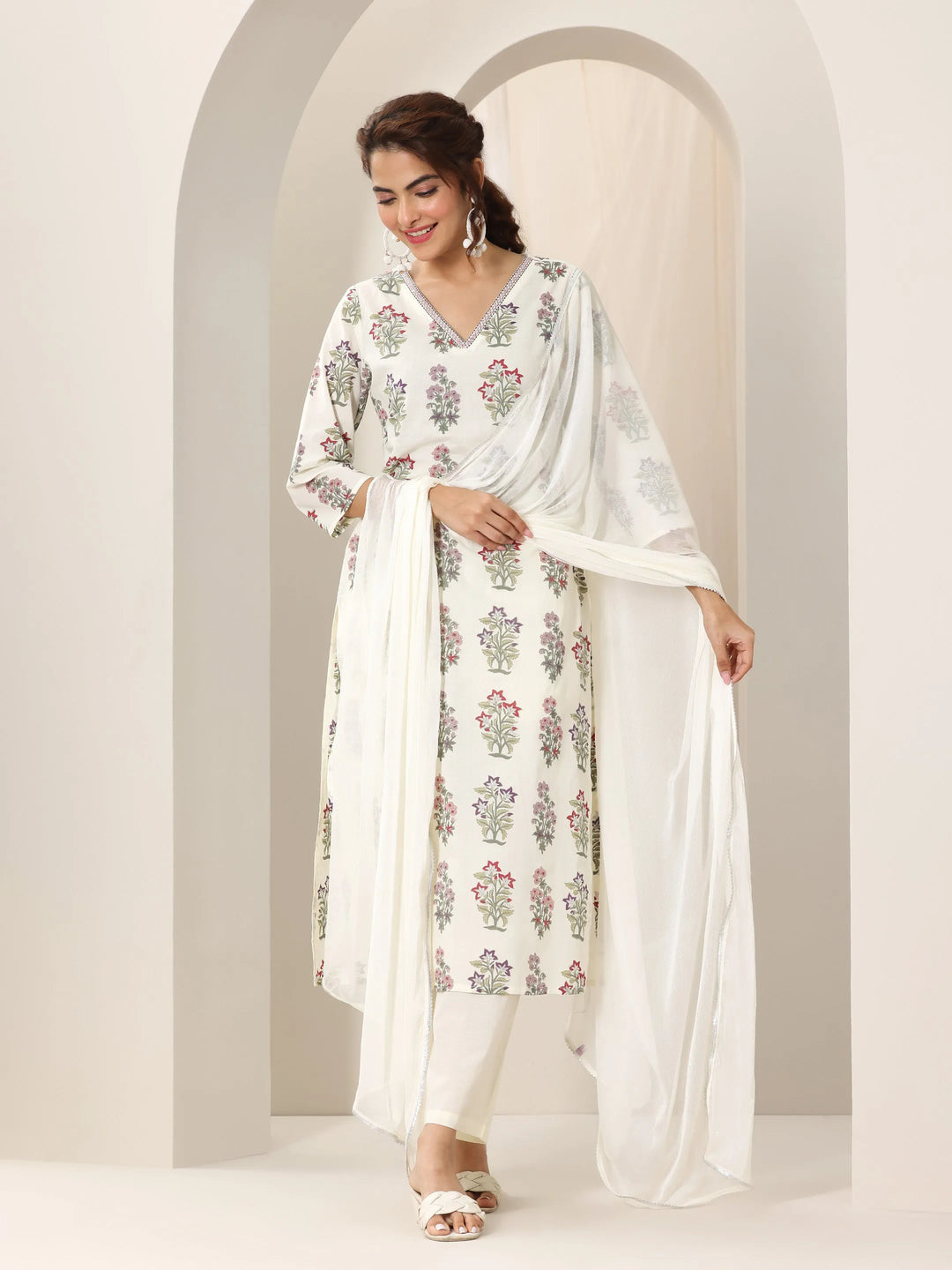 Off White Printed Cotton Straight Suit Set With Dupatta 