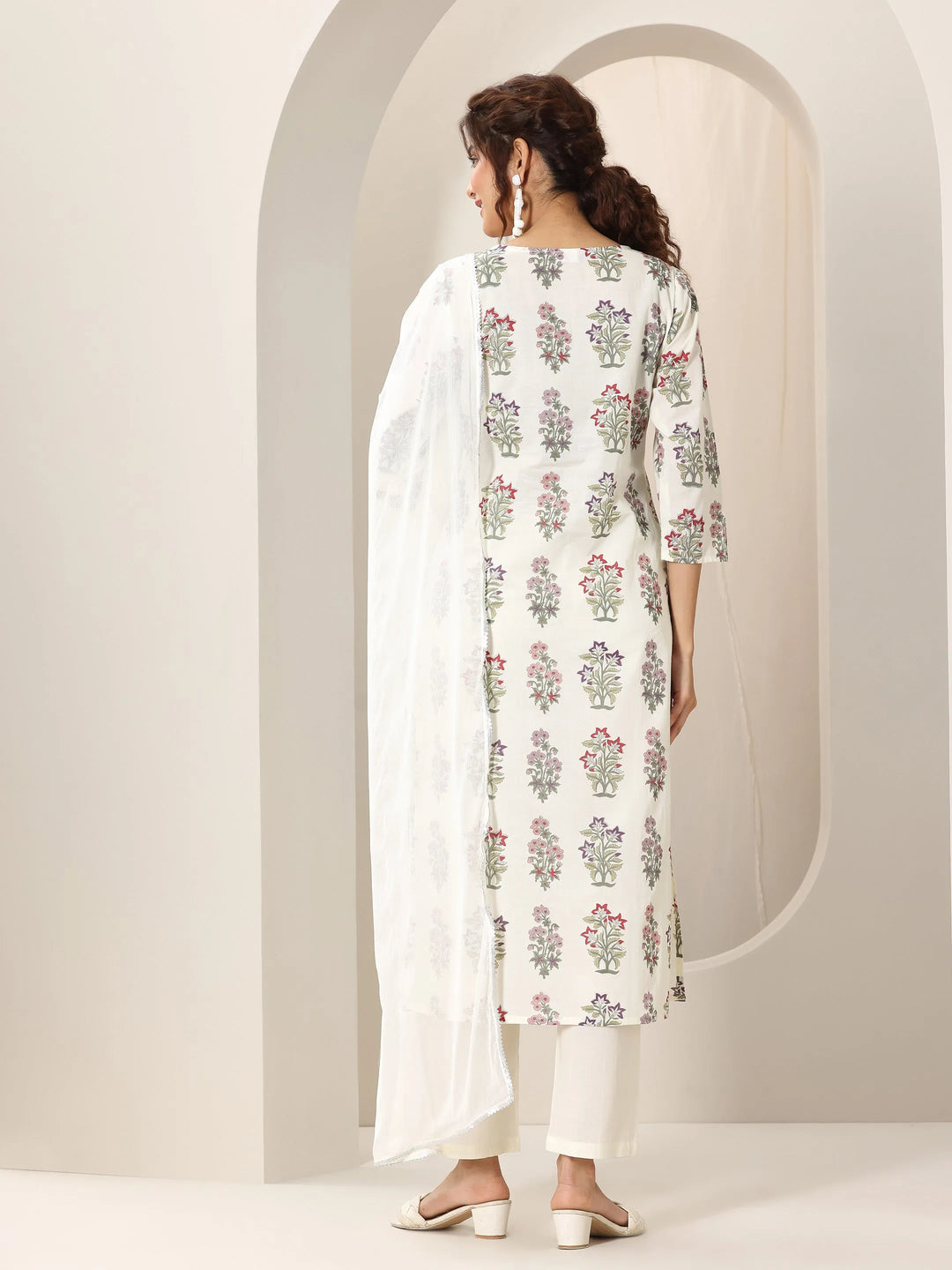  Off White Printed Cotton Straight Suit Set With Dupatta 