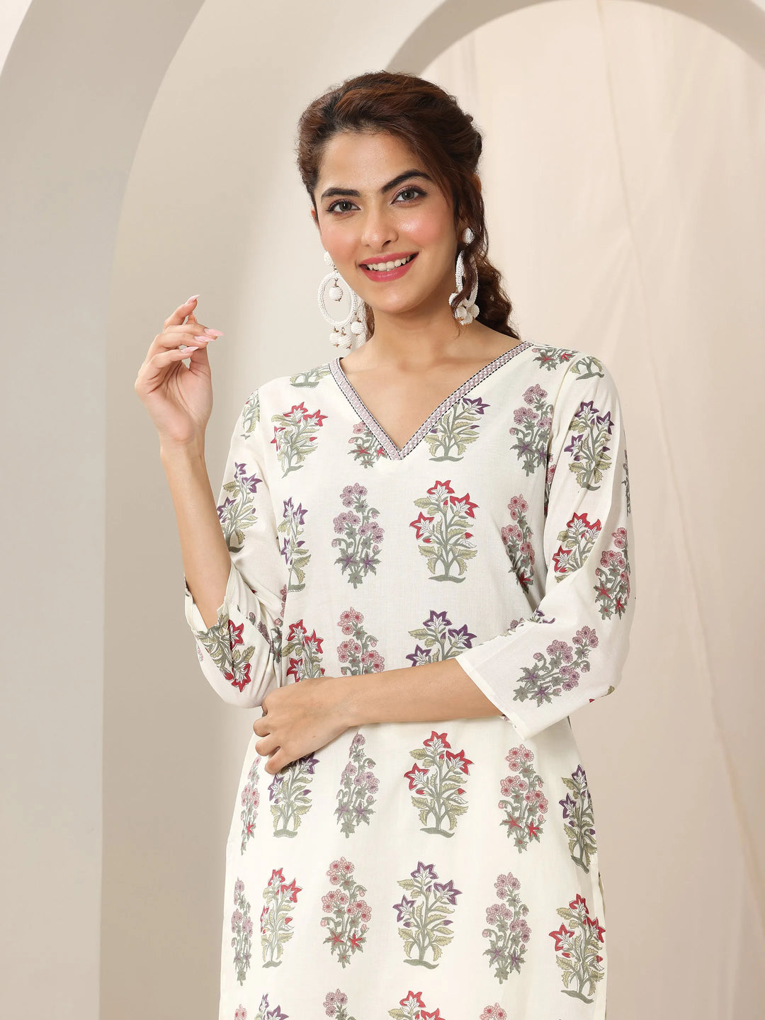  Off White Printed Cotton Straight Suit Set With Dupatta 