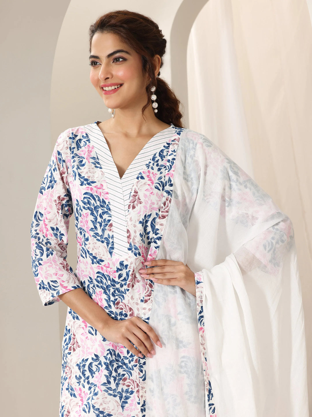  White Printed Cotton Straight Suit Set With Dupatta 