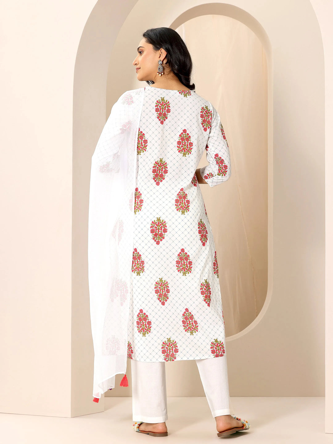  White Printed Cotton Straight Suit Set With Dupatta 