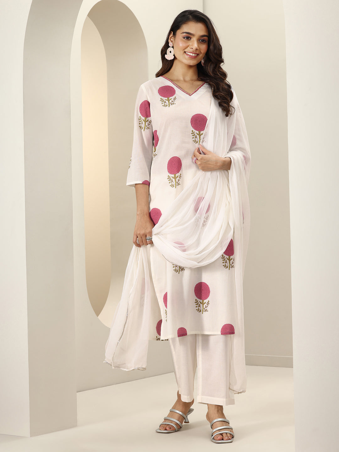  White Printed Cotton Straight Suit Sets With Dupatta 