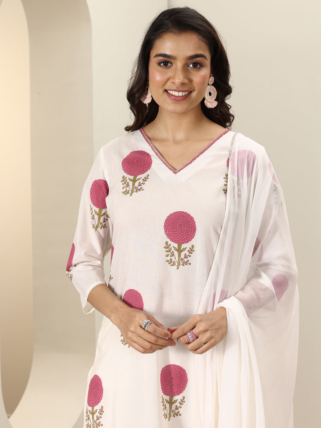  White Printed Cotton Straight Suit Sets With Dupatta 