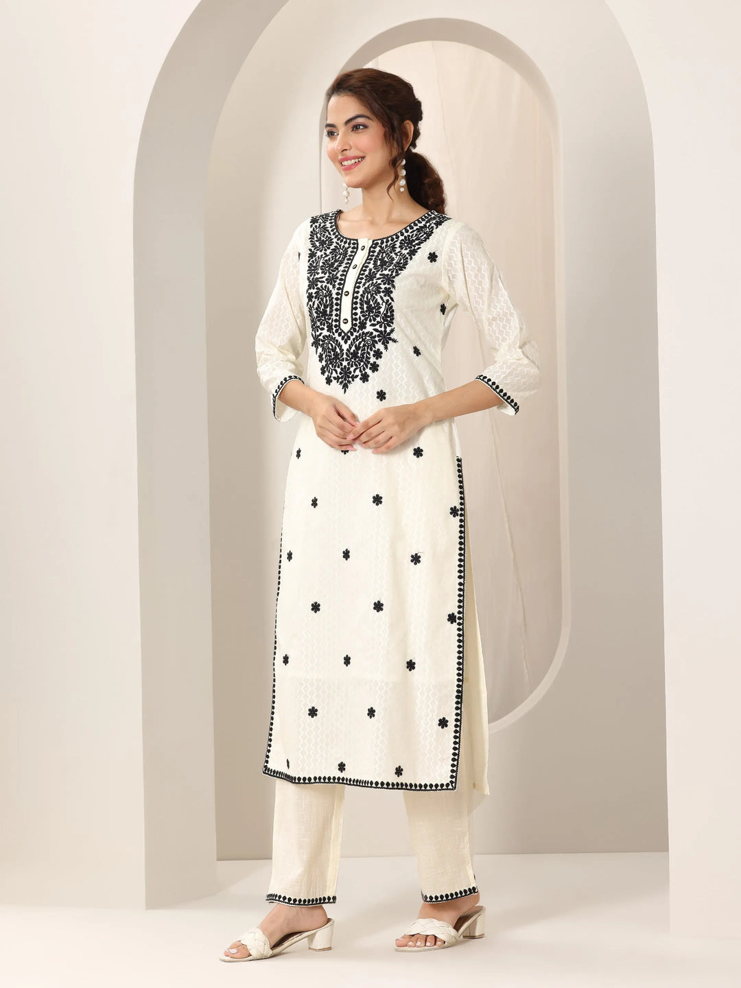  Off White Embroidered Cotton Straight Suit Set With Dupatta 