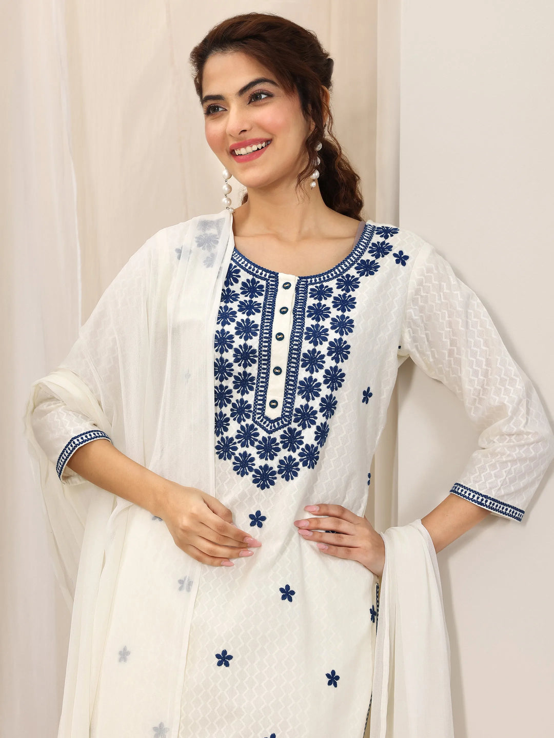  Off White Embroidered Cotton Straight Suit Set With Dupatta 