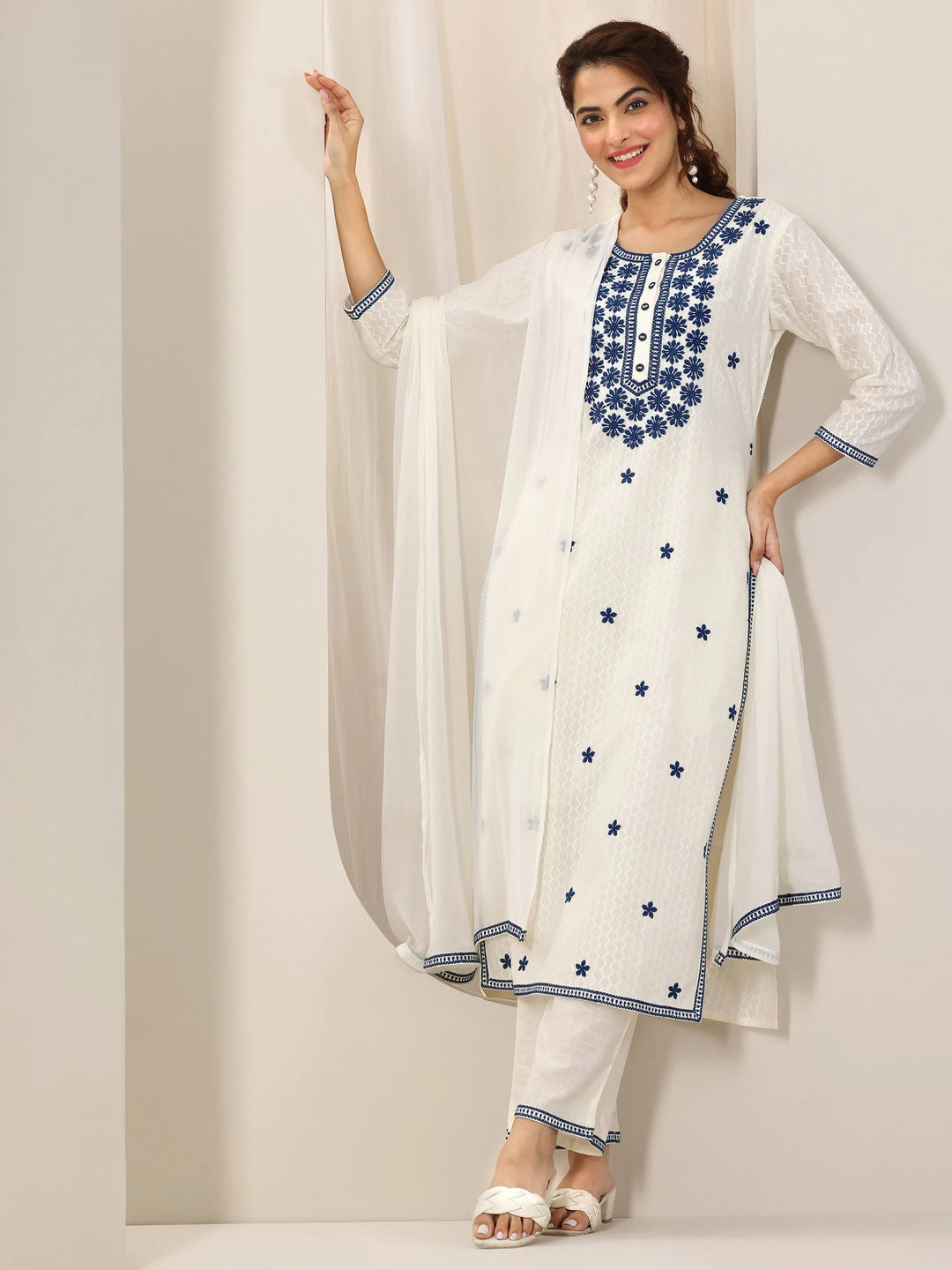 Off White Embroidered Cotton Straight Suit Set With Dupatta
