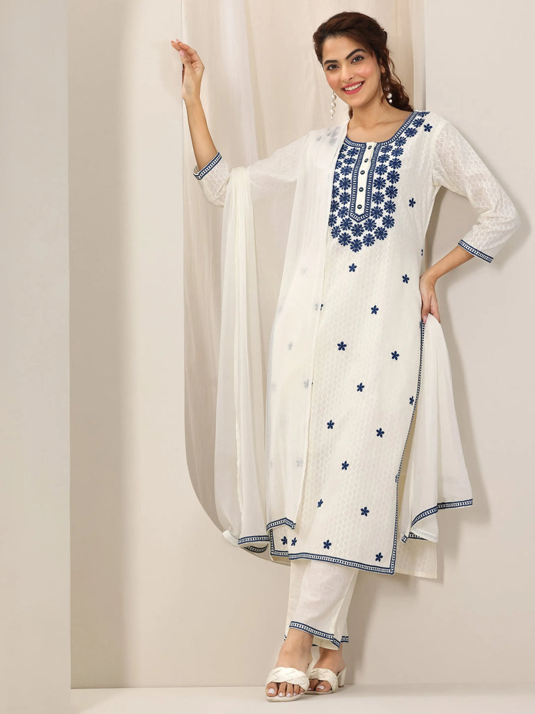 Libas Off White Embroidered Cotton Straight Suit Set With Dupatta