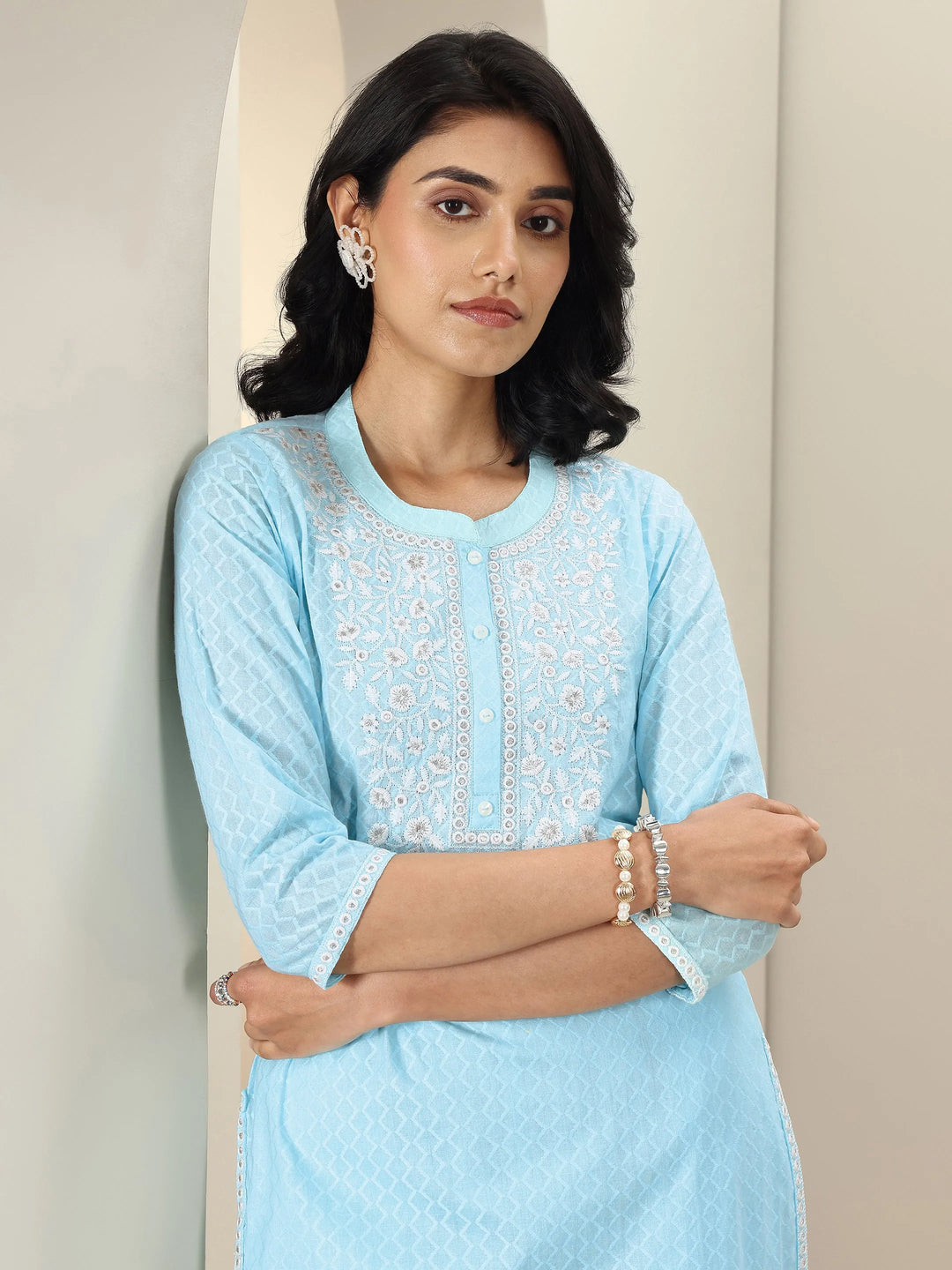  Blue Embroidered Cotton Straight Suit Sets With Dupatta 