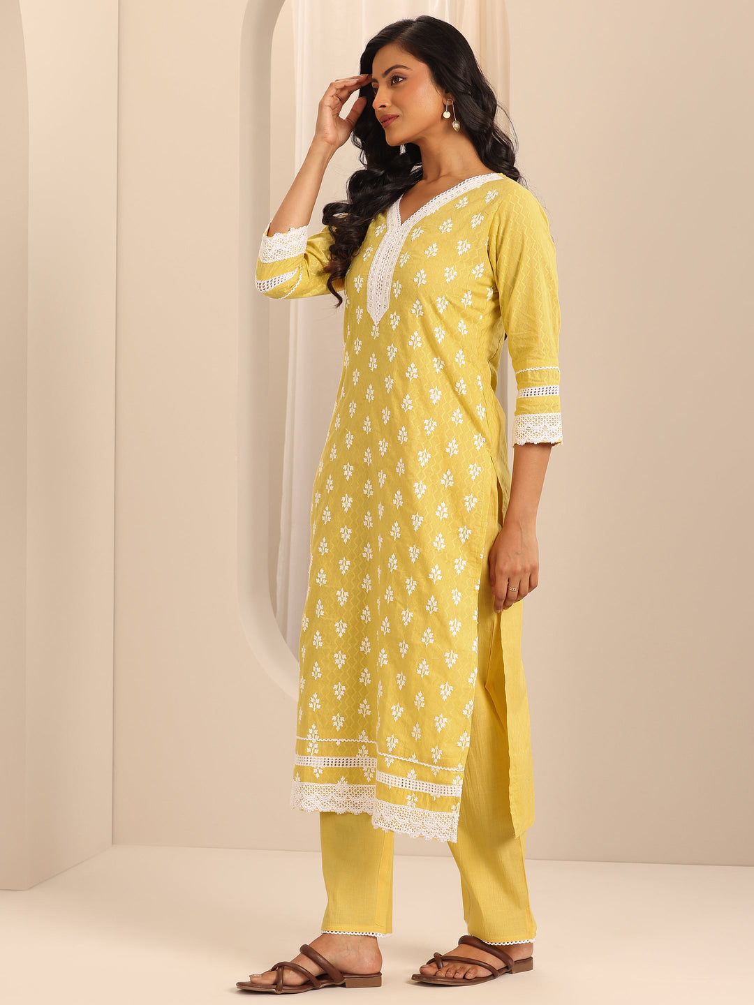  Yellow Embroidered Cotton Straight Suit Set With Dupatta 