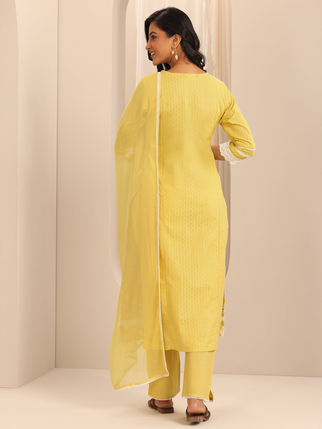  Yellow Embroidered Cotton Straight Suit Set With Dupatta 