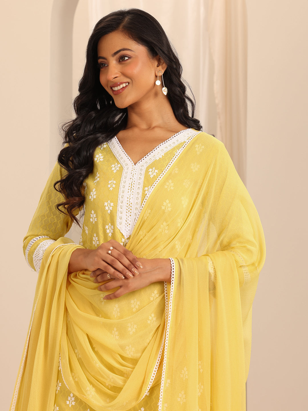  Yellow Embroidered Cotton Straight Suit Set With Dupatta 
