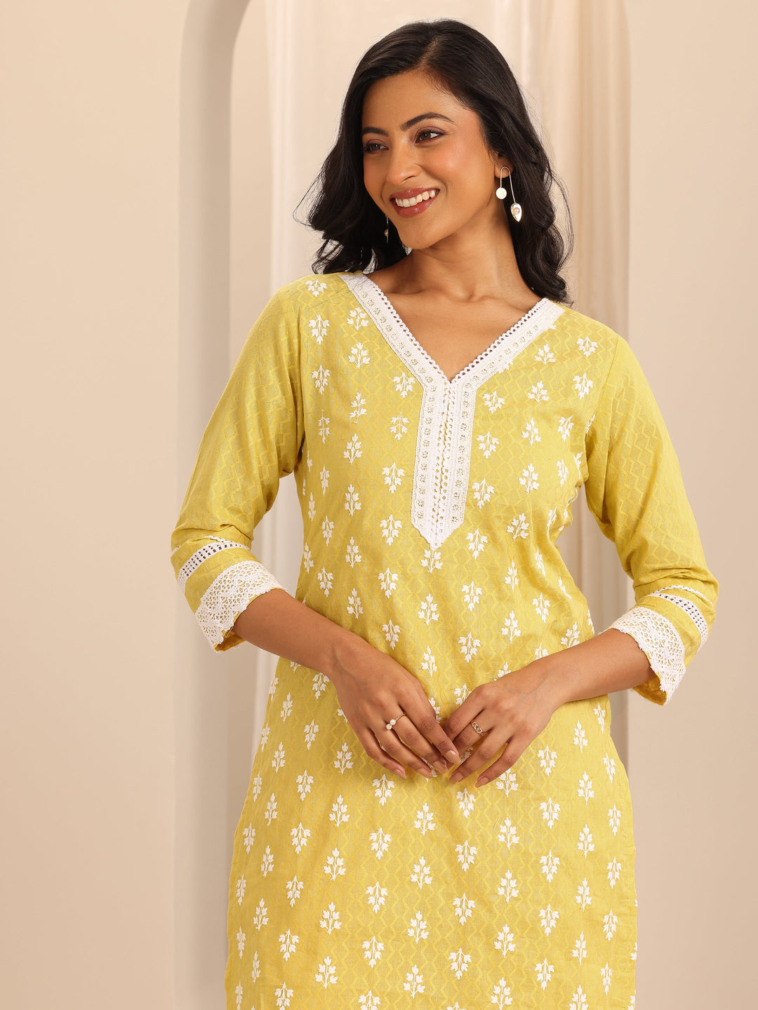  Yellow Embroidered Cotton Straight Suit Set With Dupatta 