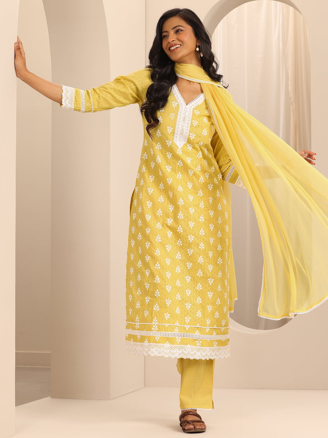  Yellow Embroidered Cotton Straight Suit Set With Dupatta 