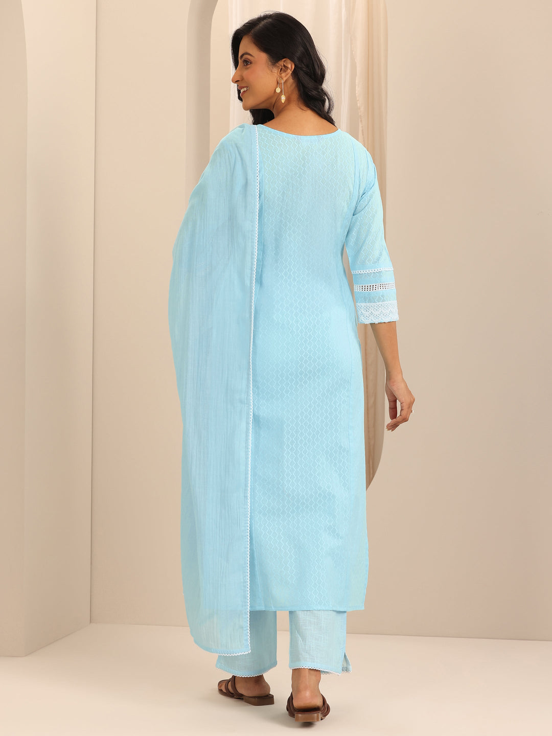  Blue Embroidered Cotton Straight Suit Set With Dupatta 
