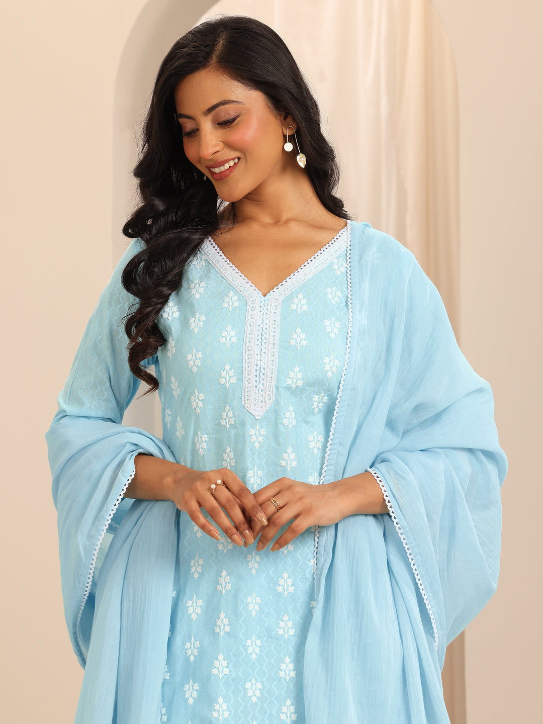  Blue Embroidered Cotton Straight Suit Set With Dupatta 