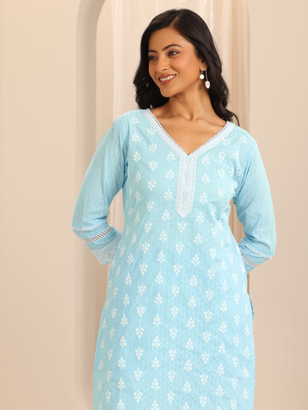  Blue Embroidered Cotton Straight Suit Set With Dupatta 