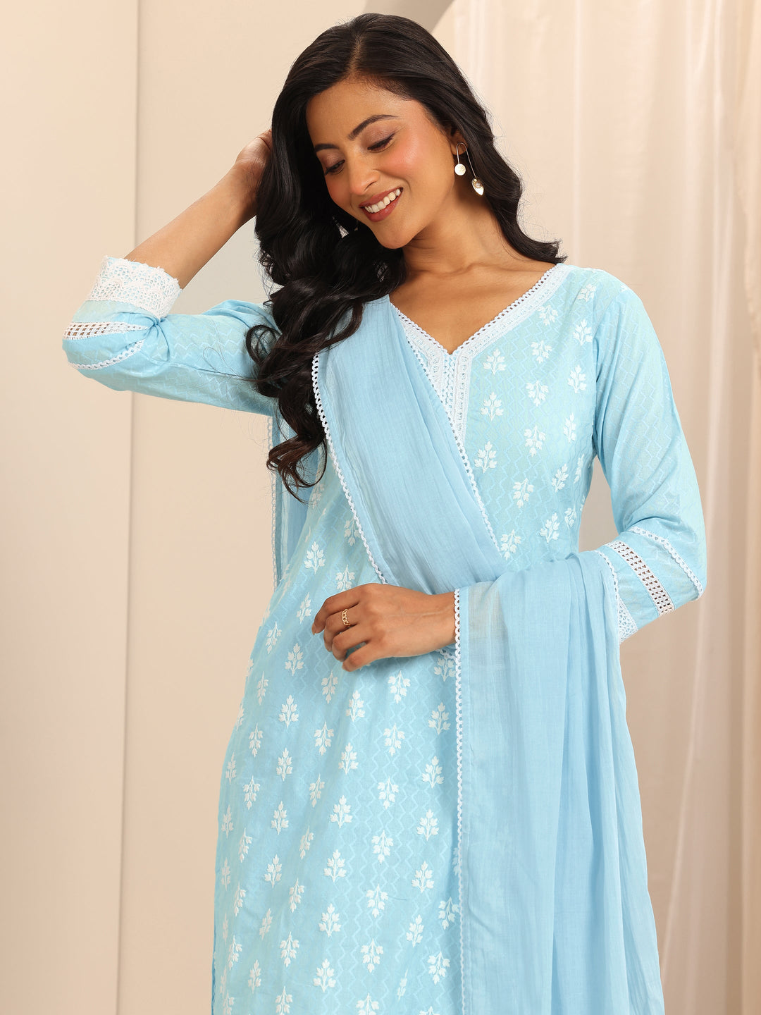  Blue Embroidered Cotton Straight Suit Set With Dupatta 