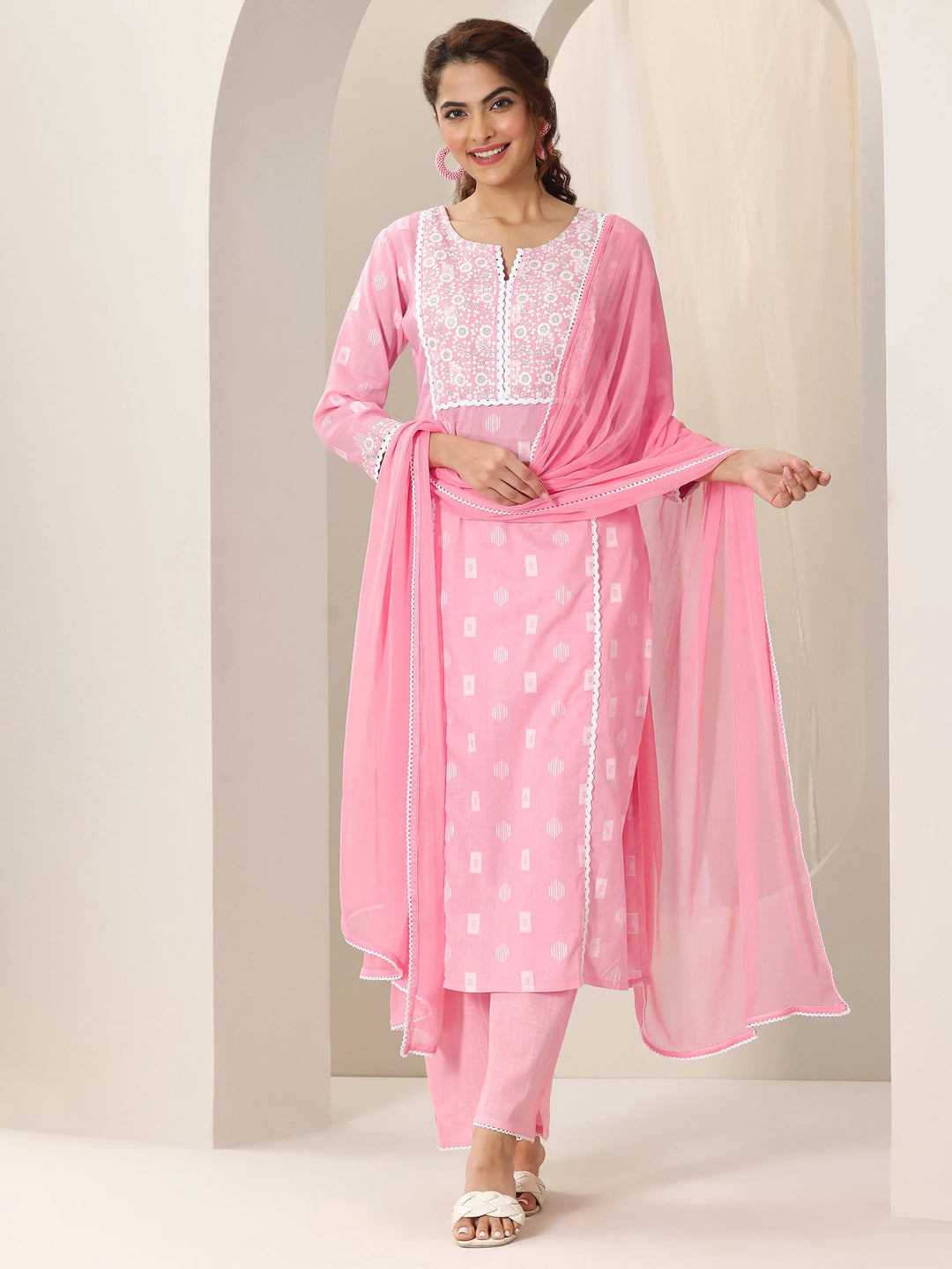  Pink Embroidered Cotton Straight Suit Set With Dupatta 