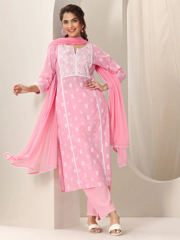 Libas Pink Embroidered Cotton Straight Suit Set With Dupatta