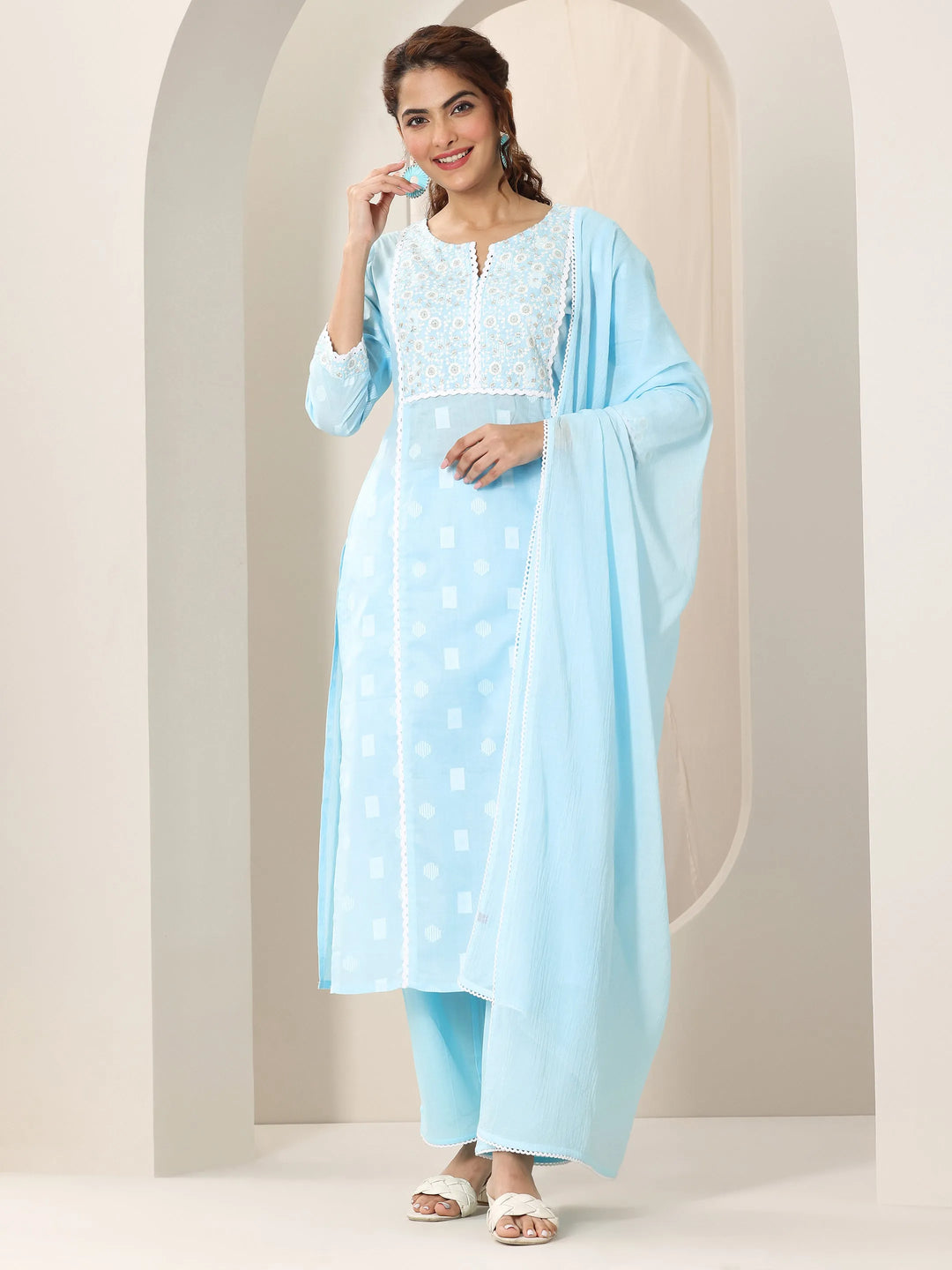  Blue Embroidered Cotton Straight Suit Set With Dupatta 