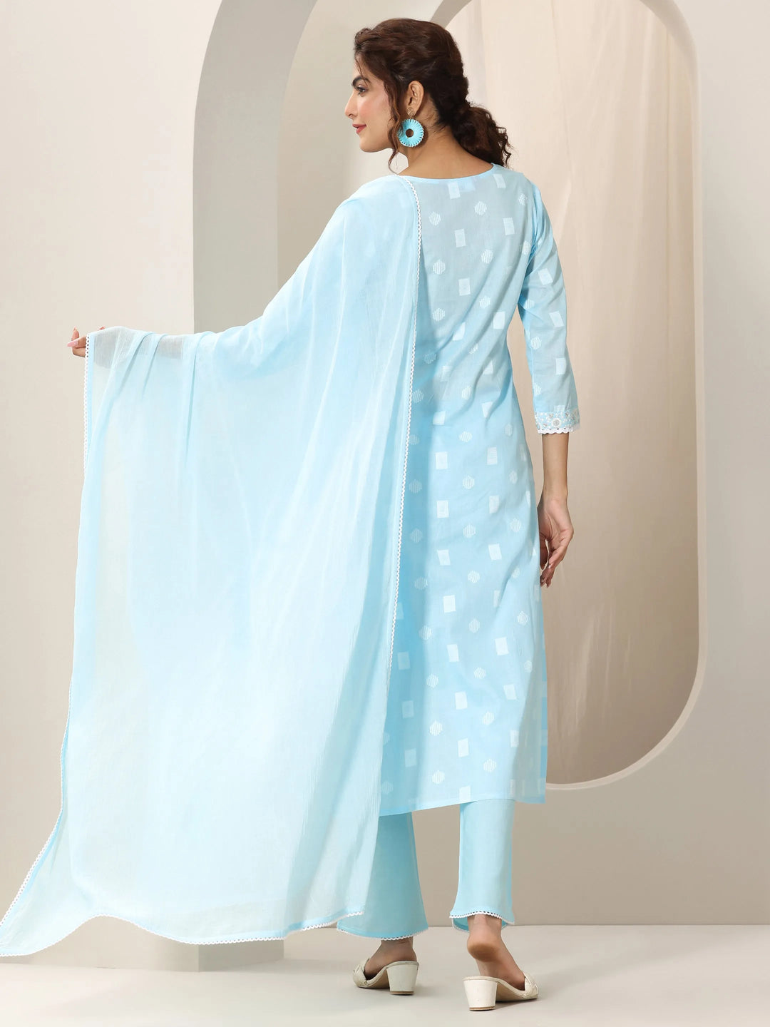  Blue Embroidered Cotton Straight Suit Set With Dupatta 
