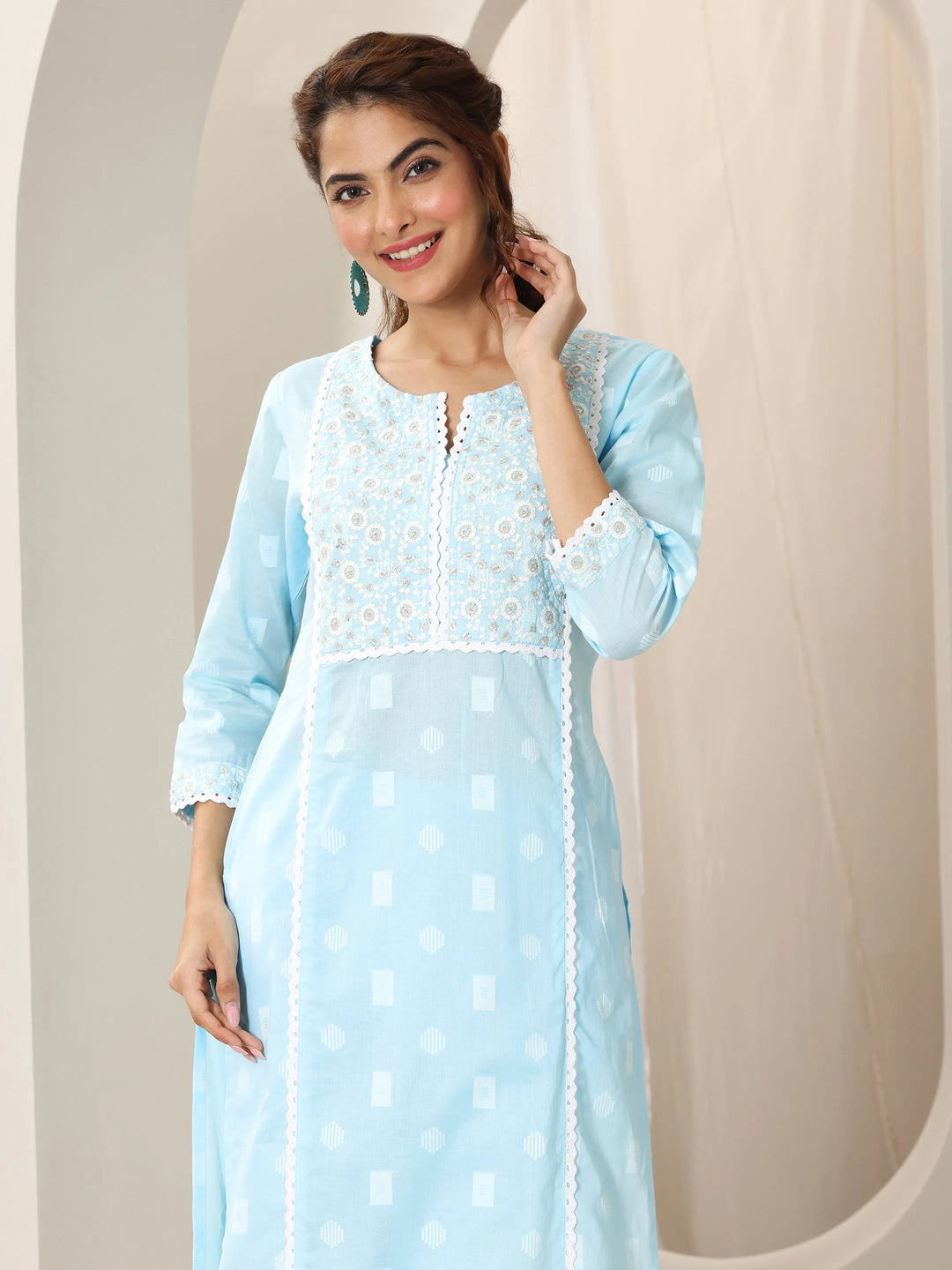  Blue Embroidered Cotton Straight Suit Set With Dupatta 