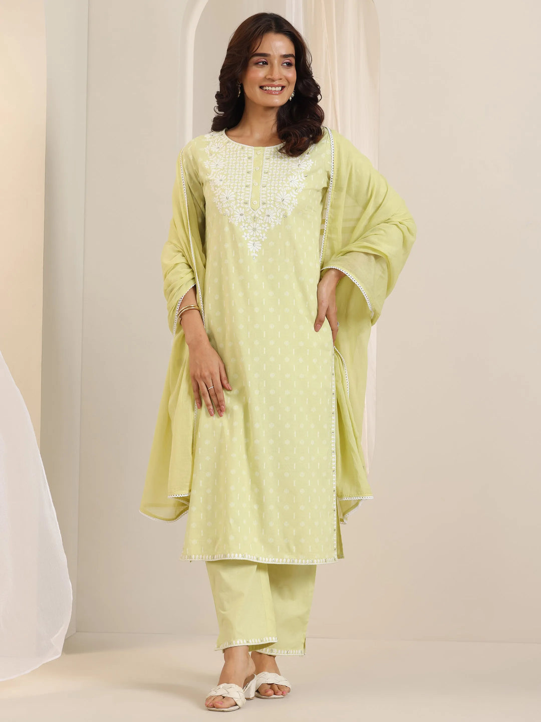  Lime Green Embroidered Cotton Straight Suit Set With Dupatta 