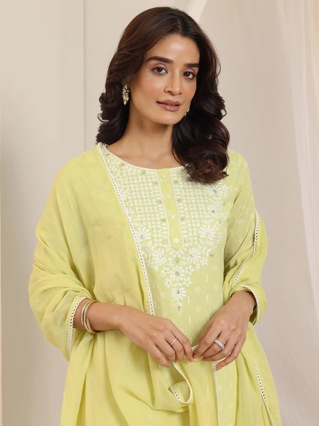  Lime Green Embroidered Cotton Straight Suit Set With Dupatta 