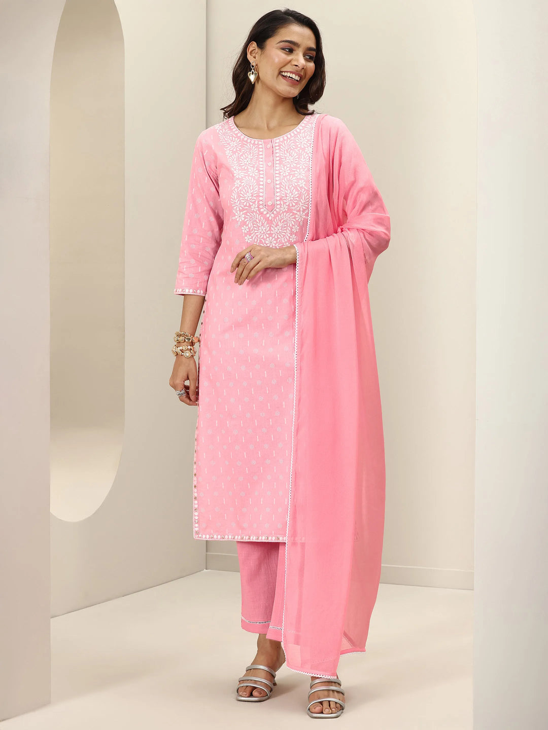  Pink Embroidered Cotton Straight Suit Sets With Dupatta 