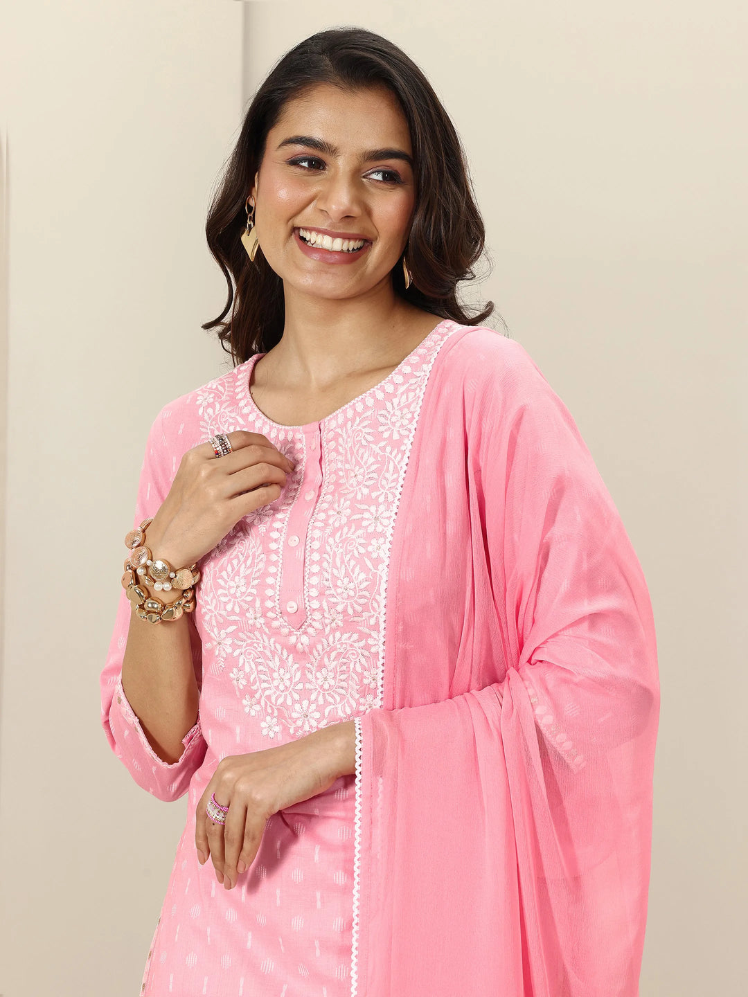  Pink Embroidered Cotton Straight Suit Sets With Dupatta 