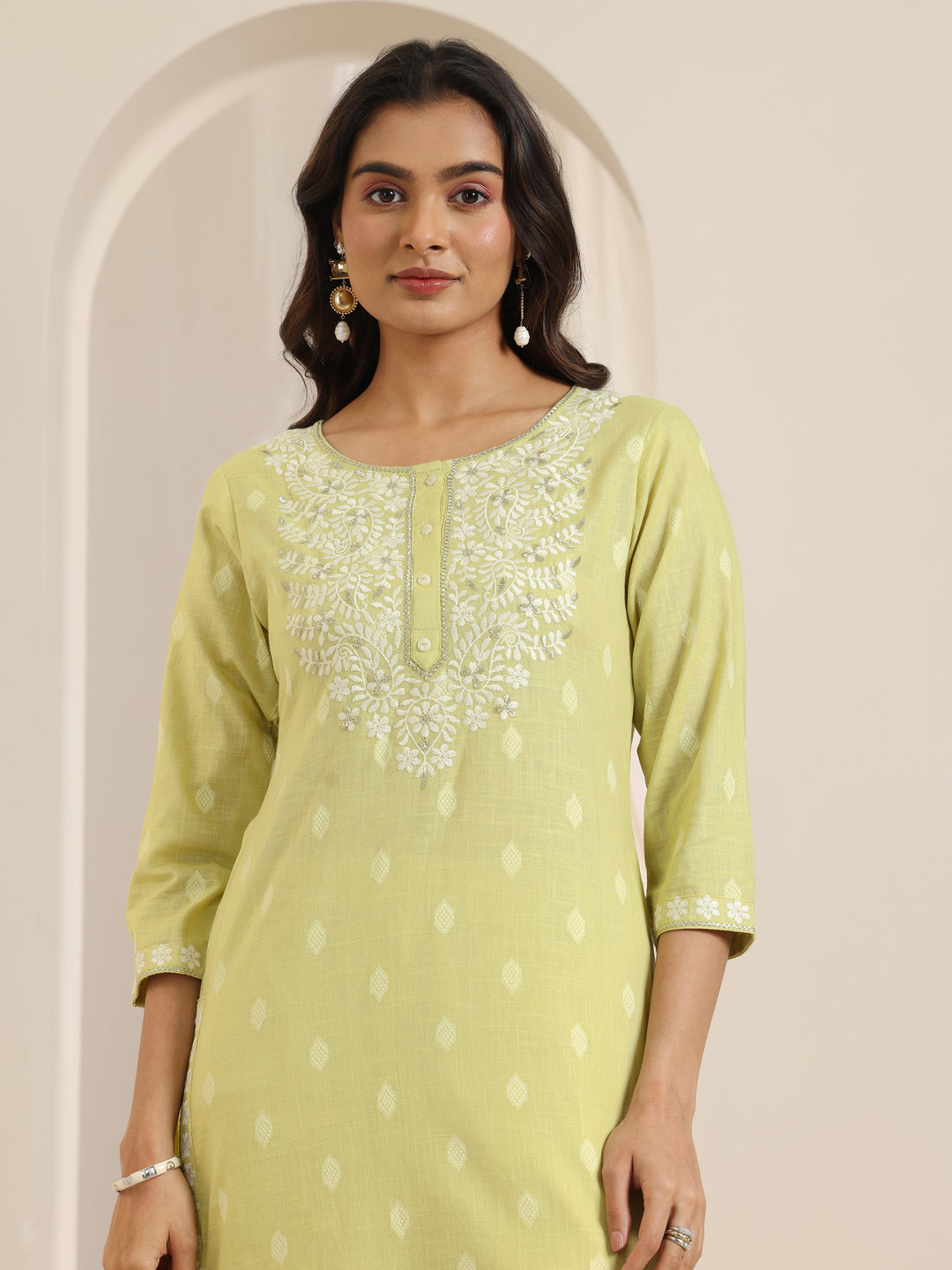  Lime Green Embroidered Cotton Straight Suit Set With Dupatta 