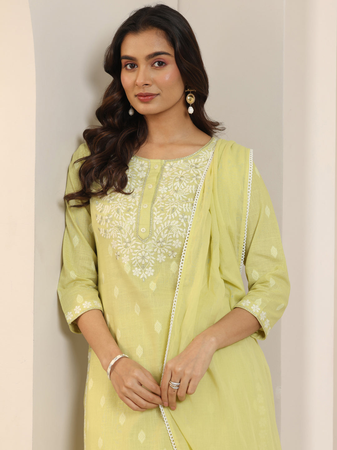  Lime Green Embroidered Cotton Straight Suit Set With Dupatta 