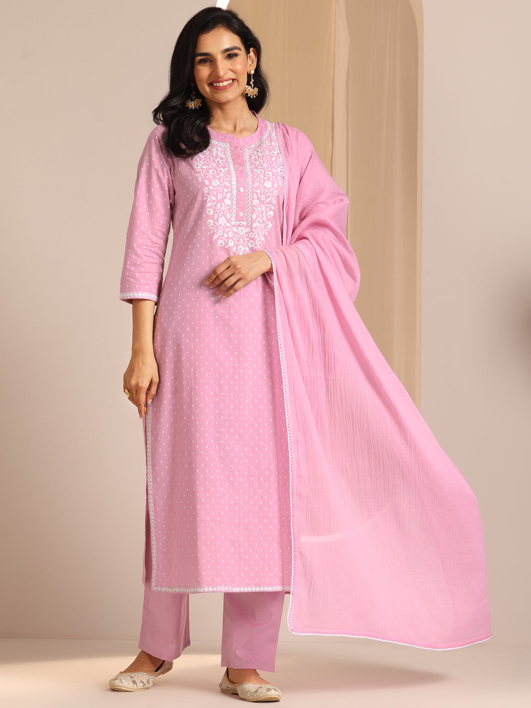  Pink Self Design Cotton Straight Suit Set With Dupatta 